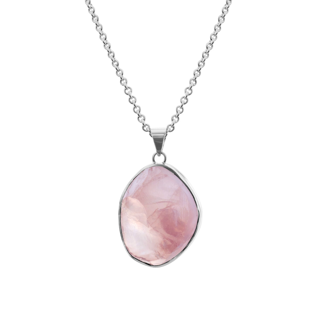 Rose Quartz Necklace. orders 304 Surgical Stainless Steel Chain. Raw cut Rose Quartz slab pendant.